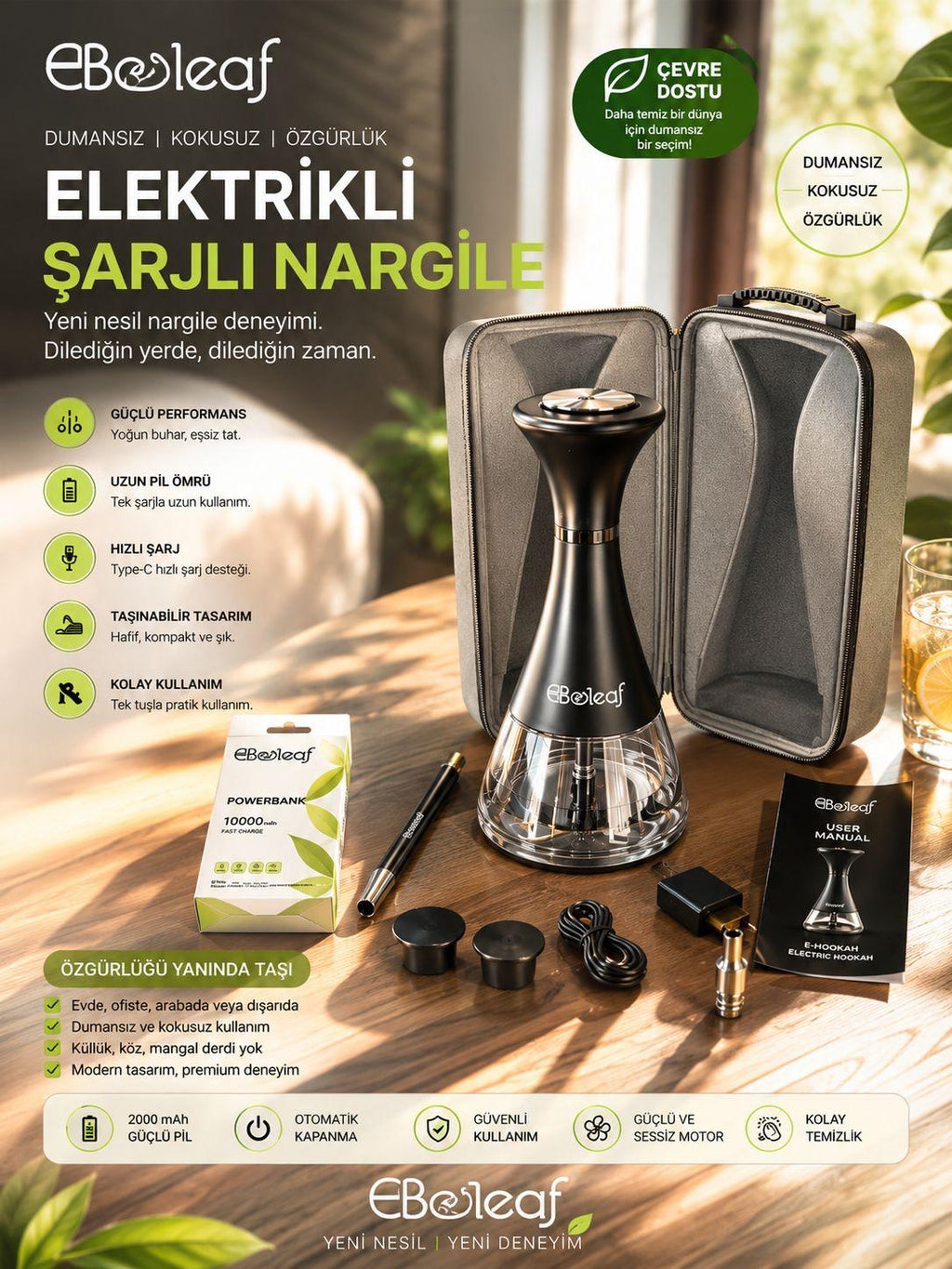 EBeleaf Elektrikli Şarjlı Nargile - Kömürsüz ve Taşınabilir Set