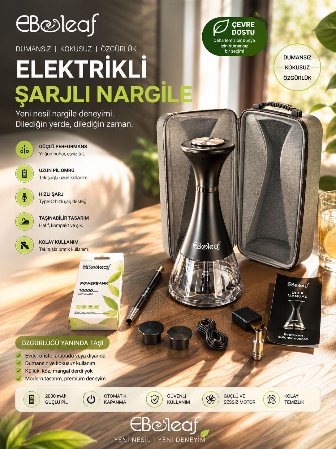 EBeleaf Elektrikli Şarjlı Nargile - Kömürsüz ve Taşınabilir Set