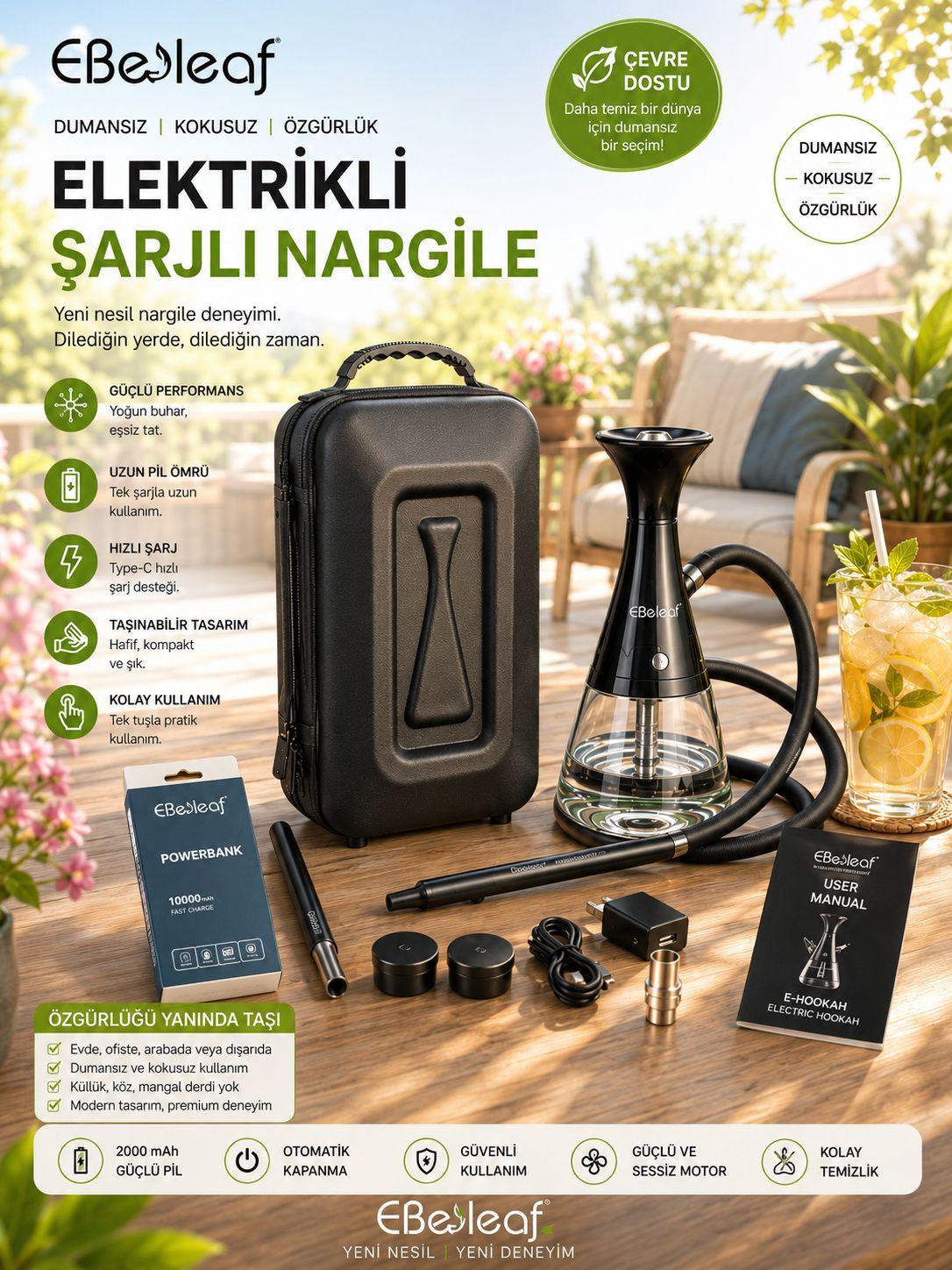 EBeleaf Elektrikli Şarjlı Nargile - Kömürsüz ve Taşınabilir Set