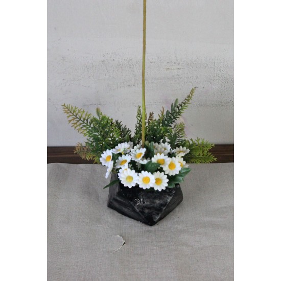 Orkide Çiçek Taş Saksı Gümüş Gölgeli Papatyalar & Yeşilliklerle Çevrili 77 cm Yapaylar