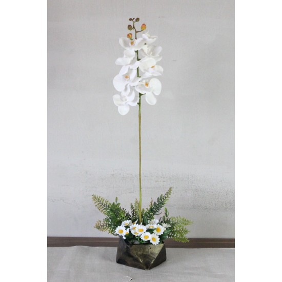 Orkide Çiçek Taş Saksı Gold Gölgeli Papatyalar & Yeşilliklerle Çevrili 77 cm Yapaylar