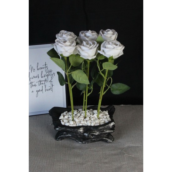 Saksı Gümüş Gölgeli Saksı Özel Model Beyaz Güller 6 Adet Yapay