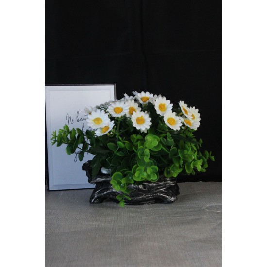 Papatya Çiçekler 25 Adet Taş Gümüş Gölgeli Saksı Yeşilliklerle Çevrili Yapaylar
