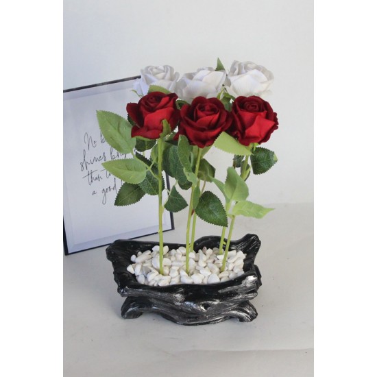 Saksı Özel Model Gümüş Gölgeli Güller 6 Adet Beyaz & Kırmızı Yapaylar