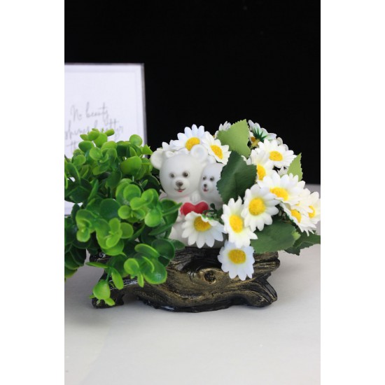 Papatya Çiçek Taş Gold Gölgeli Saksı Yeşilliklerle Sarılı & Biblo Sevgili Ayıcık