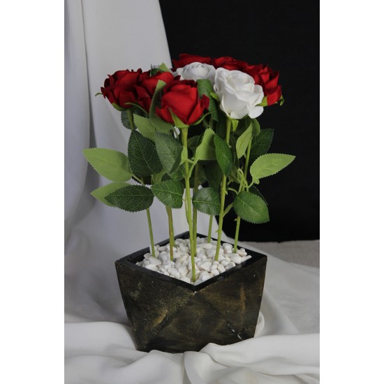 Saksı Çiçek Gold Gölgeli Taş Saksı Kırmızı & Beyaz Güller 9 Adet Yapay