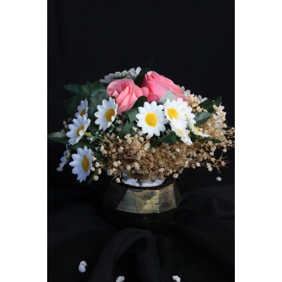 Pembe Güller 2 Adet 25 Adet Papatya Başlıklı Yapay Çiçek Taş Gold Gölgeli Saksı