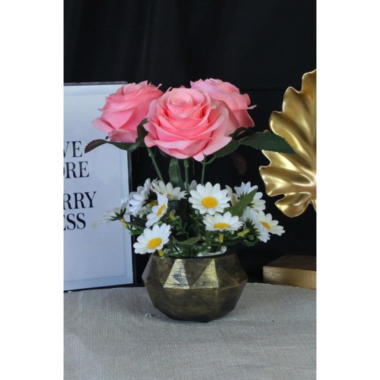 Pembe Güller 3 Adet 15 Adet Papatya Başlıklı Yapay Çiçek Taş Gold Gölgeli Saksı