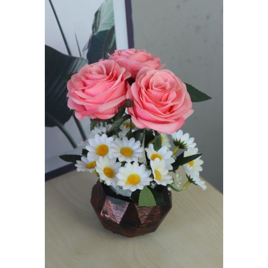 Pembe Güller 3 Adet 15 Adet Papatya Başlıklı Yapay Çiçek Taş Rose Gölgeli Saksı