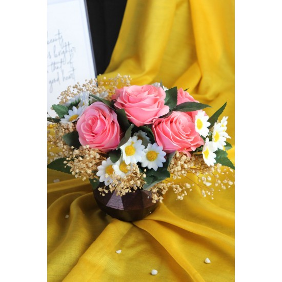 Pembe Güller 5 Adet 25 Adet Papatya Başlıklı Yapay Çiçek Taş Rose Gölgeli Saksı