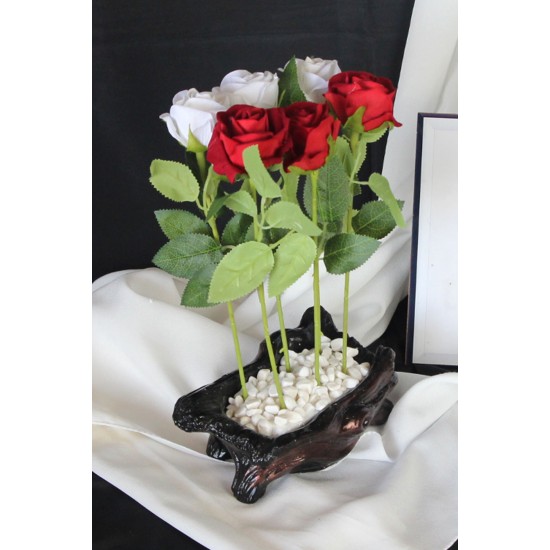 Saksı Özel Model Rose Gölgeli Güller 6 Adet Beyaz & Kırmızı Yapay