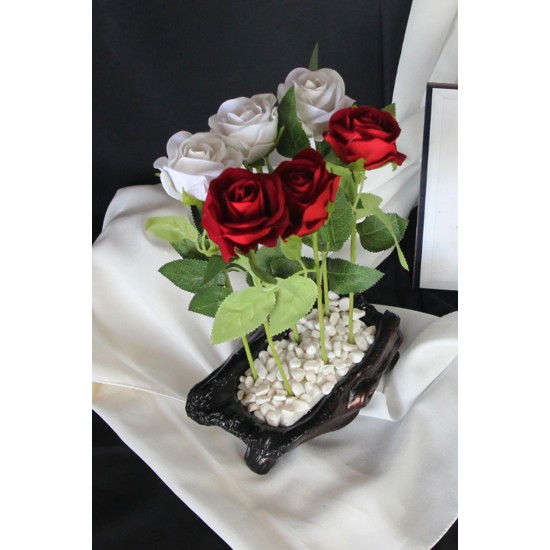 Saksı Özel Model Rose Gölgeli Güller 6 Adet Beyaz & Kırmızı Yapay