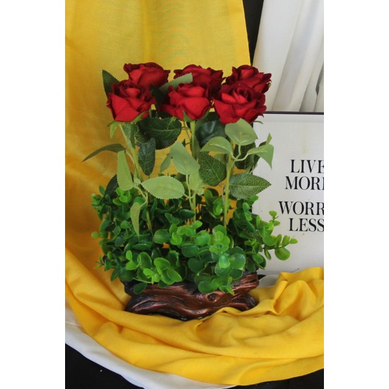 Saksı Özel Model Rose Gölgeli Güller 6 Adet Kırmızı Yapay Yeşilliklerle Çevrili
