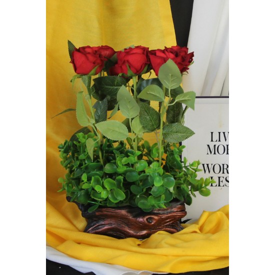 Saksı Özel Model Rose Gölgeli Güller 6 Adet Kırmızı Yapay Yeşilliklerle Çevrili