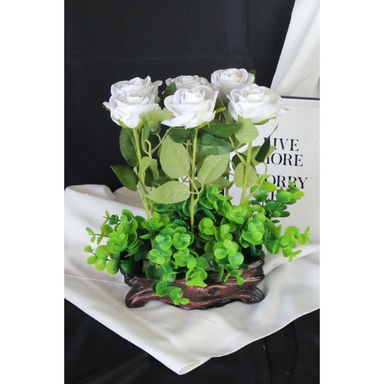 Saksı Rose Gölgeli Saksı Özel Model Beyaz Güller 6 Adet Yapay Yeşilliklerle Çevrili
