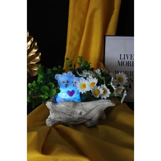 Papatya Çiçek Taş Saksı Yeşilliklerle Sarılı & Biblo Sevgili Ayıcık
