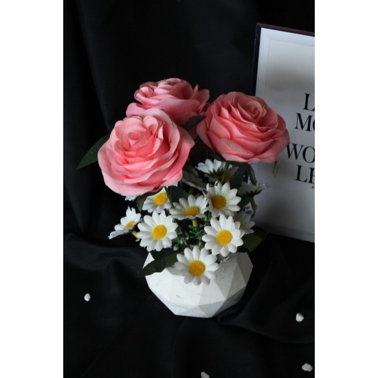 Pembe Güller 3 Adet 15 Adet Papatya Başlıklı Yapay Çiçek Taş Beyaz Saksı Sevgiliye Hediye