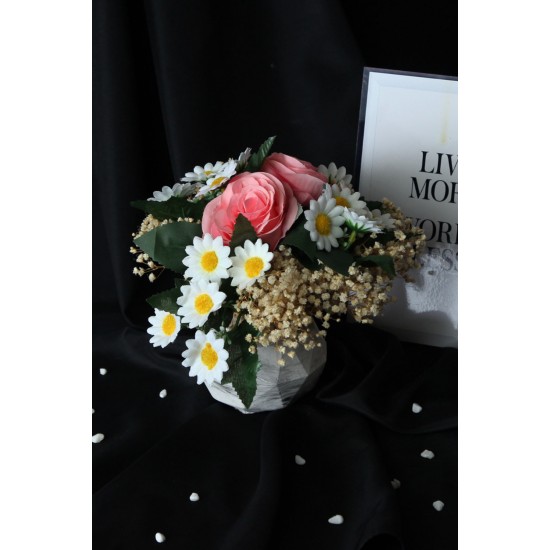Pembe Güller 2 Adet 25 Adet Papatya Başlıklı Yapay Çiçek Taş Beyaz Saksı Sevgiliye Hediye