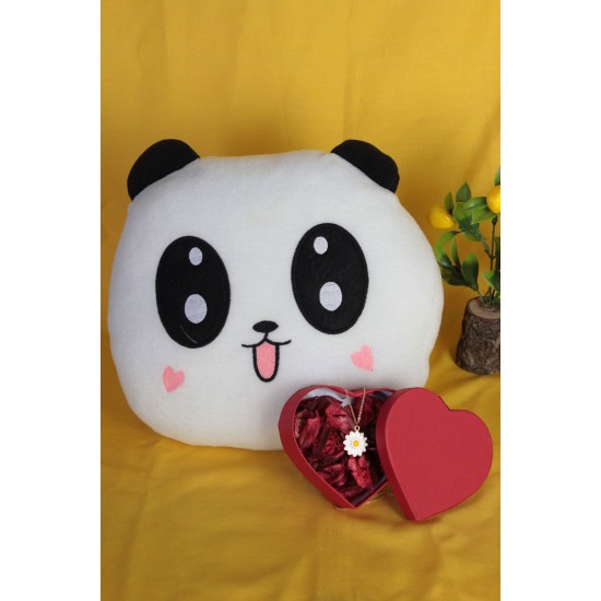 Altın Kaplama Papatya Kolye Kalp Kutulu Panda Yastık Sevgiliye Set Hediye