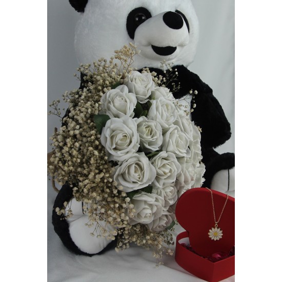 Buket Güller 20 li Cipso Sarmalı Demet Altın Kaplama PapatyaKolye Sevimli Peluş Panda Kaliteli 50 cm