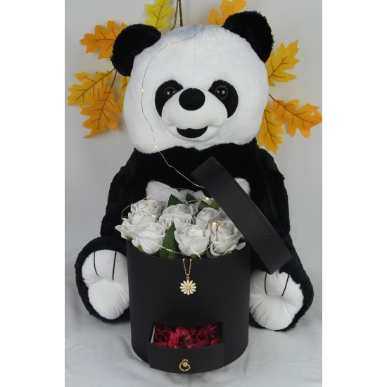 Kutu Dolusu Güller 13 Adet Sevimli Peluş Panda Kaliteli 50cm AltınKaplamaPapatyaKolye Led Işıklı Set