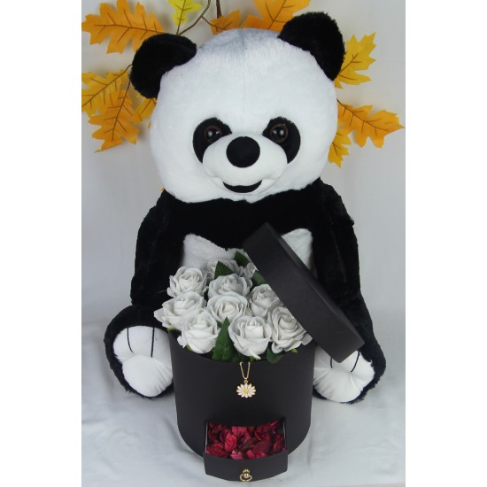 Kutu Dolusu Güller 13 Adet Sevimli Peluş Panda Kaliteli 50 cm Altın Kaplama Papatya Kolye Hediye