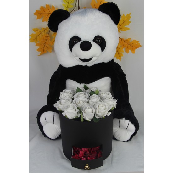 Kutu Dolusu Güller 13 Adet Sevimli Peluş Panda Kaliteli 50 cm Sevgiliye Hediye