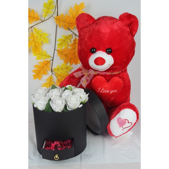 Kutu Dolusu Güller 13 Adet Kırmızı Sevimli Peluş Ayıcık 50 cm Sevgiliye Hediye