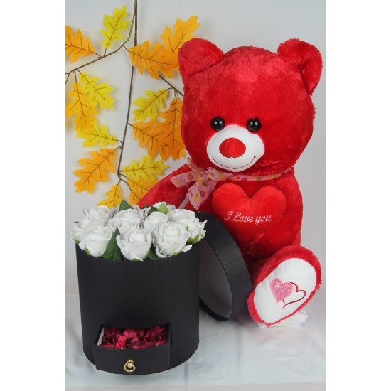 Kutu Dolusu Güller 13 Adet Kırmızı Sevimli Peluş Ayıcık 50 cm Sevgiliye Hediye