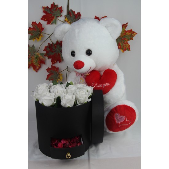 Kutu Dolusu Güller 13 Adet Beyaz Sevimli Peluş Ayıcık 50 cm Sevgiliye Hediye