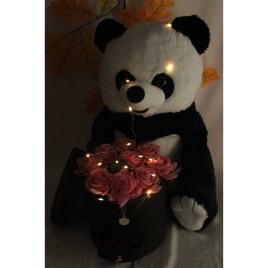 Kutu Dolusu Güller 9Adet AltınKaplamaPapatyaKolye Sevimli Peluş Panda Kaliteli 50cm Led Işıklı Set