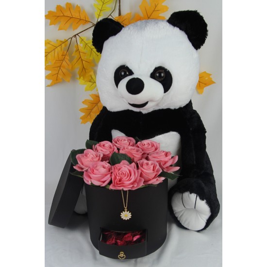 Kutu Dolusu Güller 9 Adet Altın Kaplama Papatya Kolye Sevimli Peluş Panda Kaliteli 50 cm Set