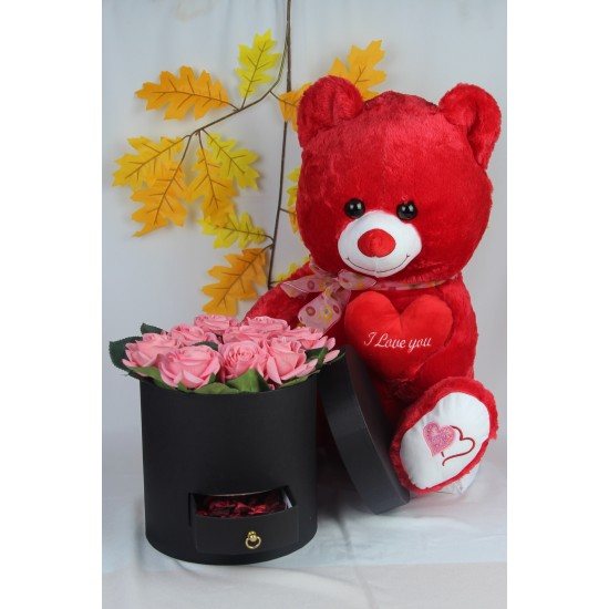 Kutu Dolusu Güller 9 Adet Kırmızı Sevimli Peluş Ayıcık 50 cm Hediye Set