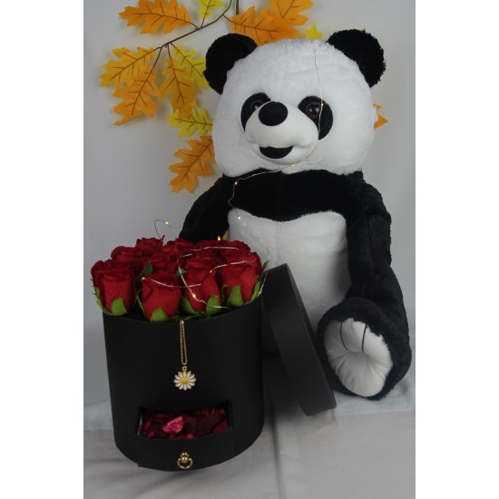 Kutu Dolusu Güller15AdetSevimliPeluş Panda aliteli 50cm AltınKaplamaPapatyaKolye LedIşıklı SetHediye