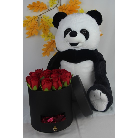 Kutu Dolusu Güller 15 Adet Sevimli Peluş Panda Kaliteli 50 cm Set Hediye