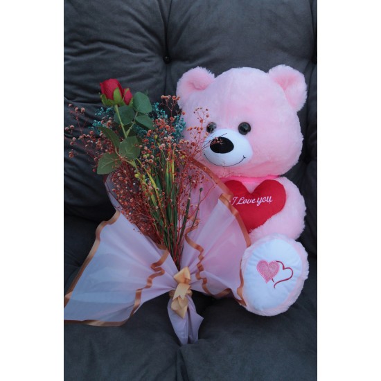 Sevgiliye Hediye Sevimli Pembe Peluş Ayıcık Kalpli 50 Cm Gül & Cipso Sarmalı Romantik ÇiçekDemet Set