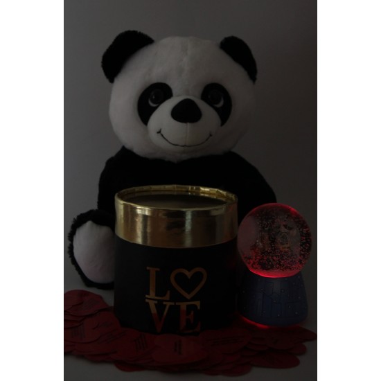 Sevgiliye Kar Küre Panda Peluş 365 gün Aşk Sözler Love Yazılı Oval Kutu Set Hediye