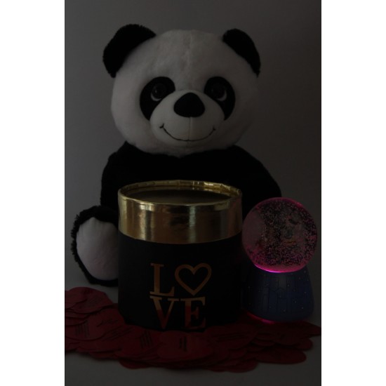 Sevgiliye Kar Küre Panda Peluş 365 gün Aşk Sözler Love Yazılı Oval Kutu Set Hediye