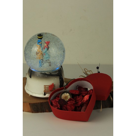 Kış Masalı Püskürtmeli Büyük Boy Kar Küresi Papatyalı Oval Kolye Set Sevgiliye Hediye
