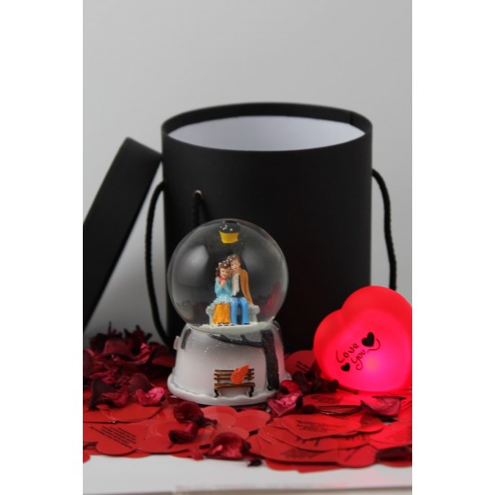 Kar Küresi Müzikli Işıklı Sevgili Temalı Kutu Set Sevgiliye Hediye Siyah kutu